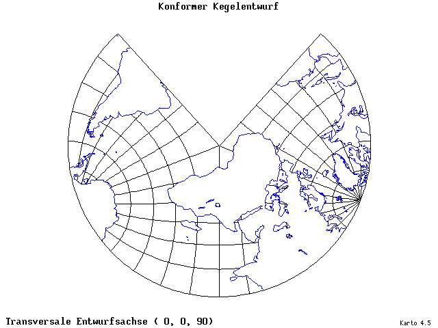 Conical Conformal Projection - 0°E, 0°N, 90° - standard