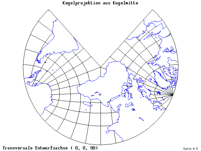 Conical Gnomonic Projection - 0°E, 0°N, 90° - standard