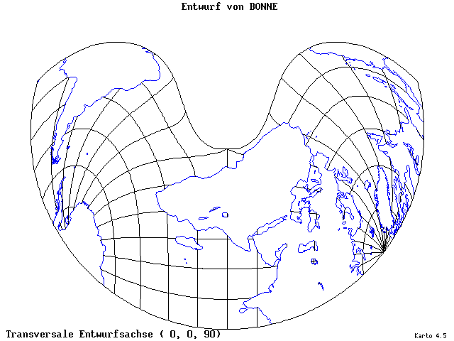Bonne's Projection - 0°E, 0°N, 90° - standard