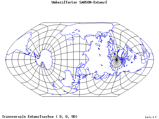 Sanson's Projection (modified) - 0°E, 0°N, 90° - standard