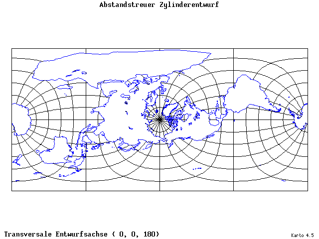 Cylindrical Equidistant Projection - 0°E, 0°N, 180° - standard