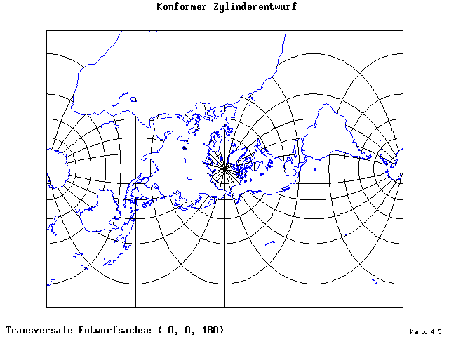 Mercator's Cylindrical Conformal Projection - 0°E, 0°N, 180° - standard