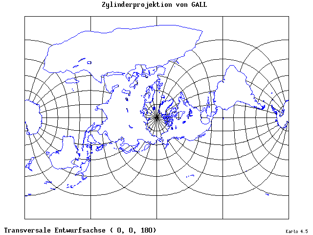 Gall's Cylindrical Projection - 0°E, 0°N, 180° - standard