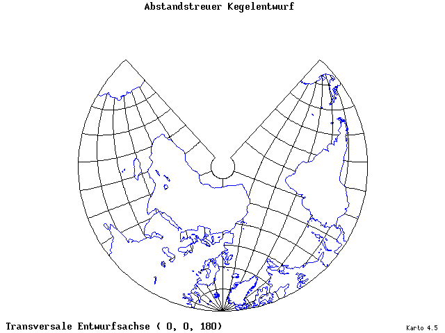 Conical Equidistant Projection - 0°E, 0°N, 180° - standard