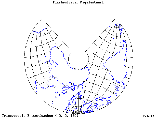 Conical Equal-Area Projection - 0°E, 0°N, 180° - standard