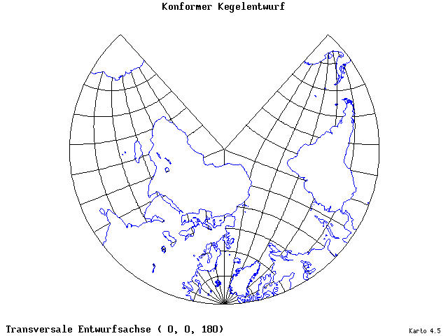 Conical Conformal Projection - 0°E, 0°N, 180° - standard