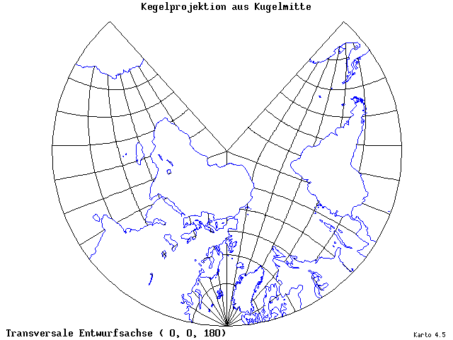 Conical Gnomonic Projection - 0°E, 0°N, 180° - standard