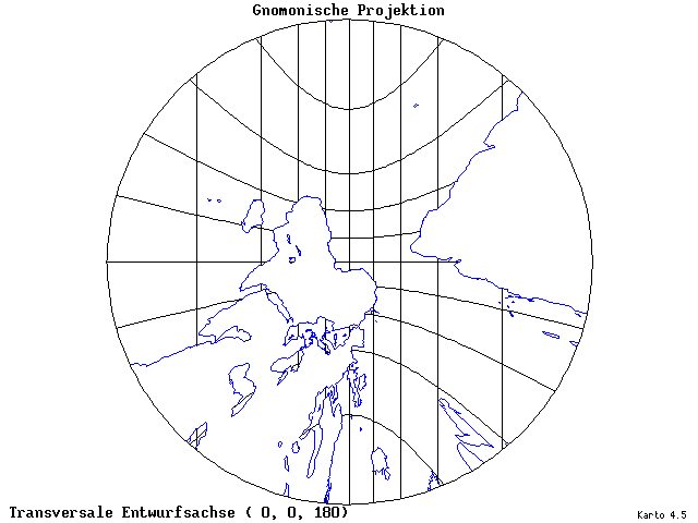 Gnomonic Projection - 0°E, 0°N, 180° - standard