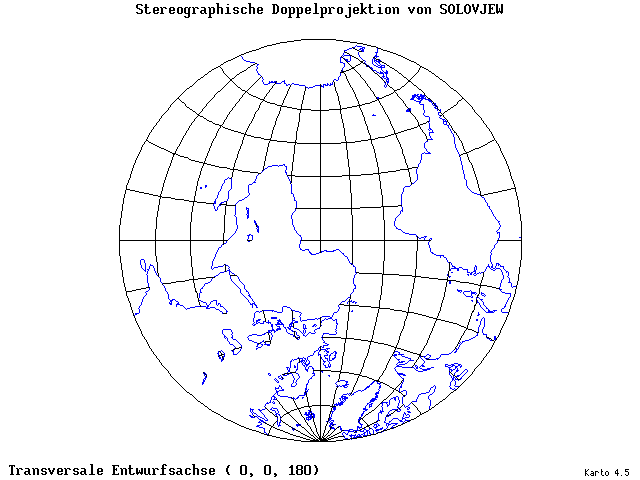 Solovjev's Double-Stereographic Projection - 0°E, 0°N, 180° - standard
