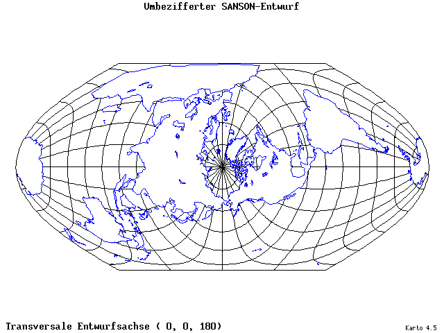 Sanson's Projection (modified) - 0°E, 0°N, 180° - standard