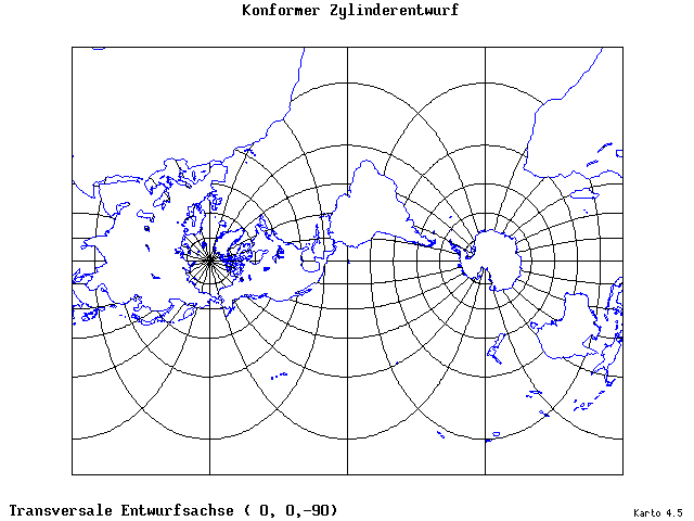 Mercator's Cylindrical Conformal Projection - 0°E, 0°N, 270° - standard