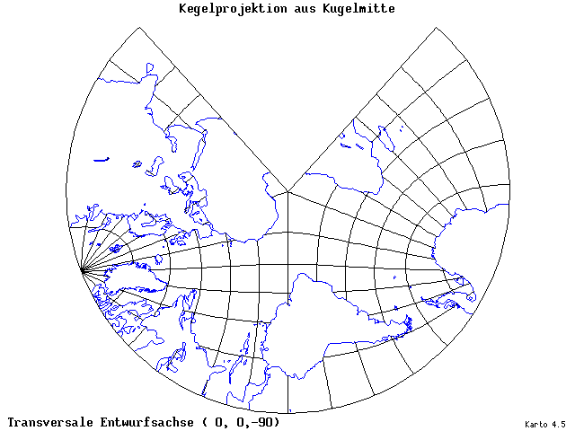 Conical Gnomonic Projection - 0°E, 0°N, 270° - standard