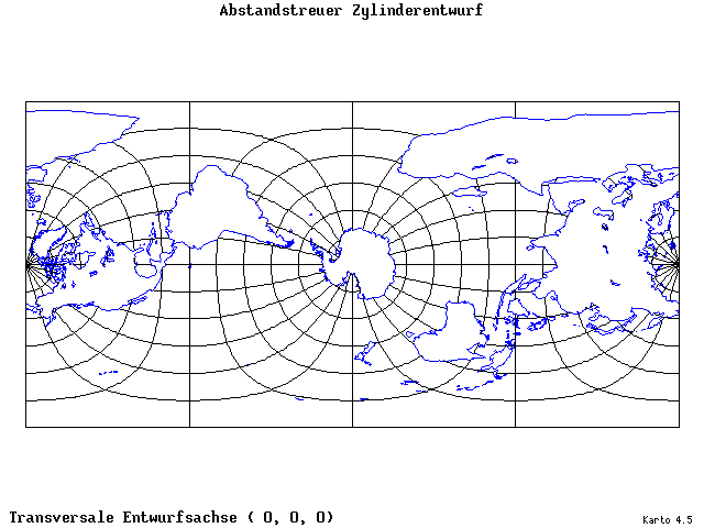 Cylindrical Equidistant Projection - 0°E, 0°N, 0° - wide