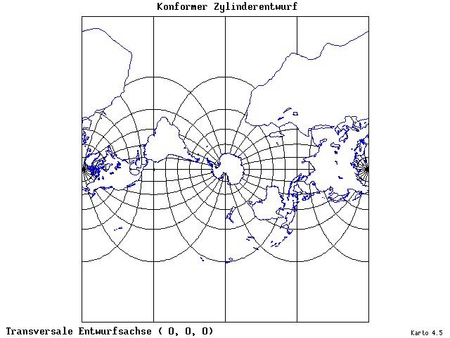 Mercator's Cylindrical Conformal Projection - 0°E, 0°N, 0° - wide