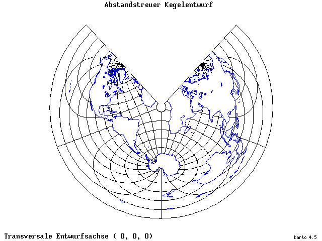 Conical Equidistant Projection - 0°E, 0°N, 0° - wide