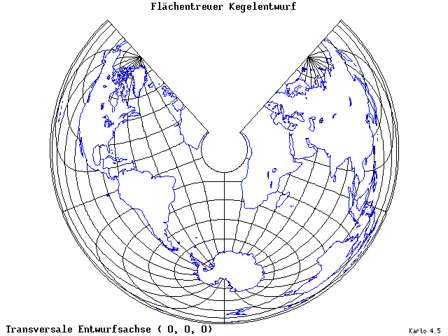 Conical Equal-Area Projection - 0°E, 0°N, 0° - wide