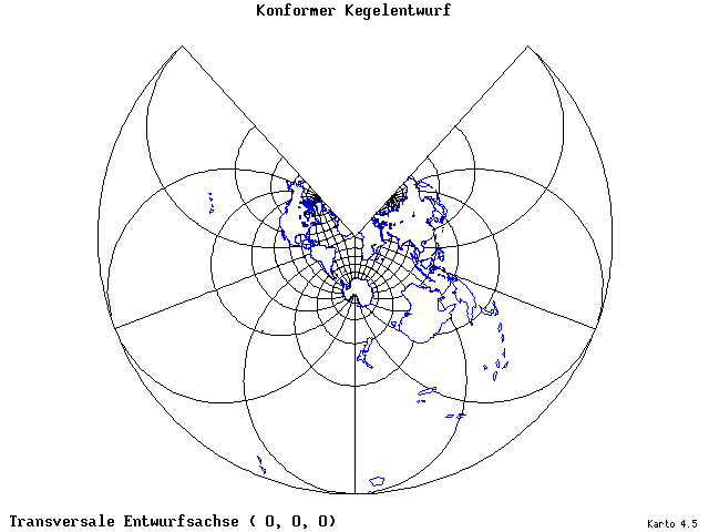 Conical Conformal Projection - 0°E, 0°N, 0° - wide