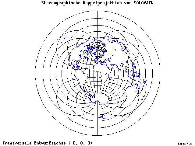 Solovjev's Double-Stereographic Projection - 0°E, 0°N, 0° - wide