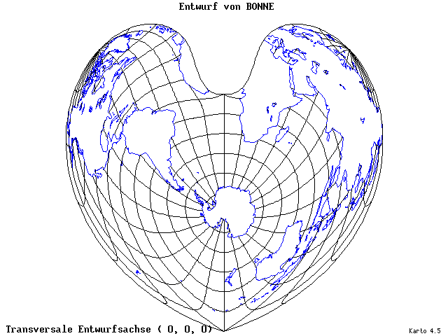 Bonne's Projection - 0°E, 0°N, 0° - wide