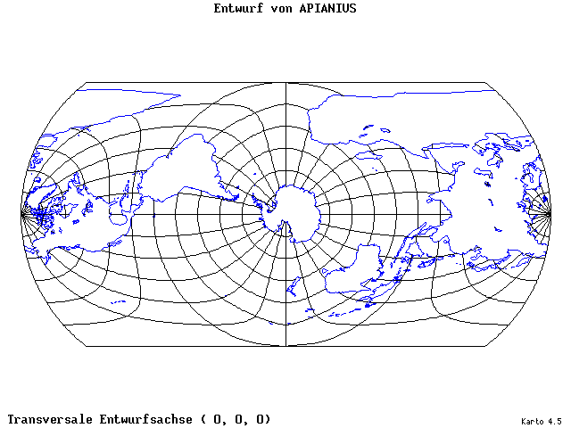 Apianius' Projection - 0°E, 0°N, 0° - wide