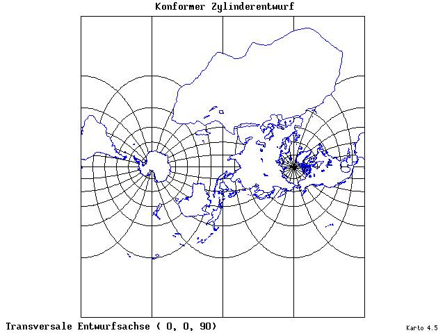 Mercator's Cylindrical Conformal Projection - 0°E, 0°N, 90° - wide