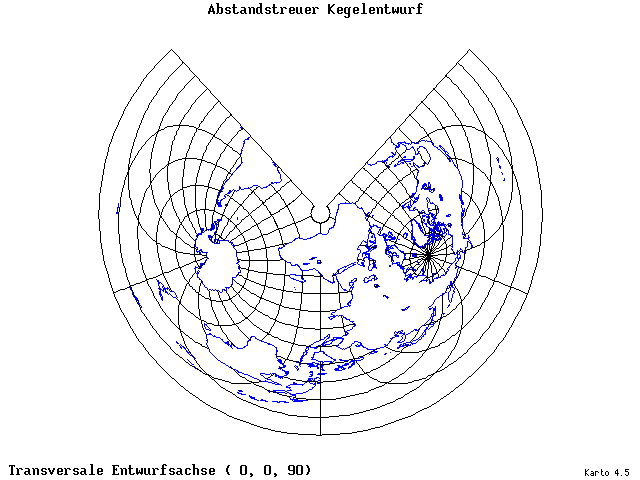 Conical Equidistant Projection - 0°E, 0°N, 90° - wide