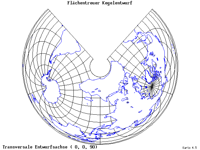 Conical Equal-Area Projection - 0°E, 0°N, 90° - wide