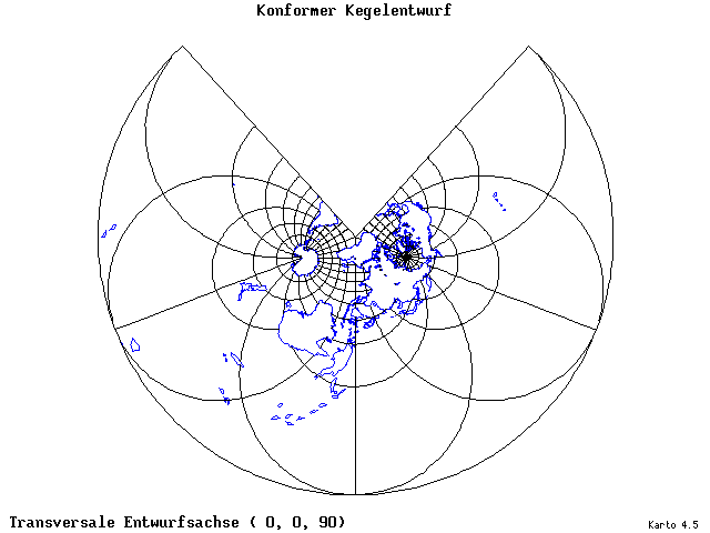 Conical Conformal Projection - 0°E, 0°N, 90° - wide