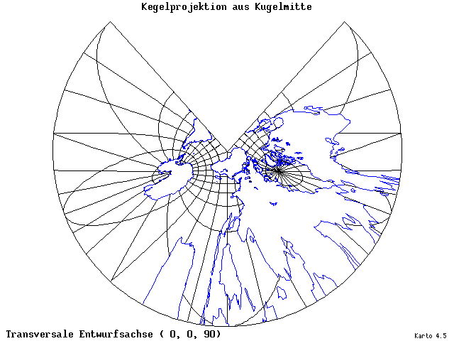 Conical Gnomonic Projection - 0°E, 0°N, 90° - wide