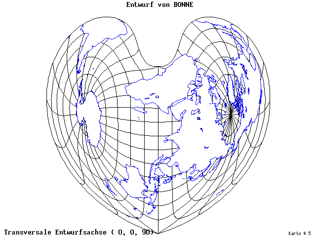 Bonne's Projection - 0°E, 0°N, 90° - wide