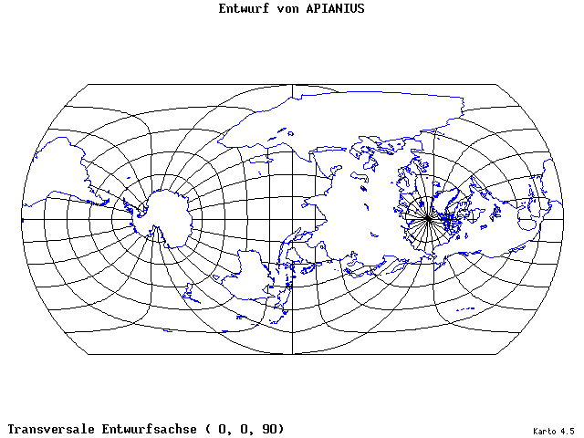 Apianius' Projection - 0°E, 0°N, 90° - wide