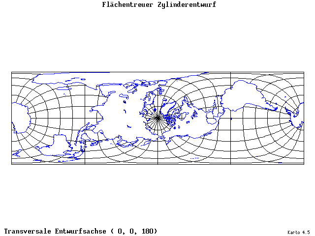 Cylindrical Equal-Area Projection - 0°E, 0°N, 180° - wide