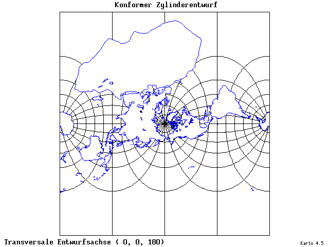 Mercator's Cylindrical Conformal Projection - 0°E, 0°N, 180° - wide