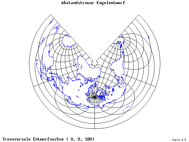 Conical Equidistant Projection - 0°E, 0°N, 180° - wide