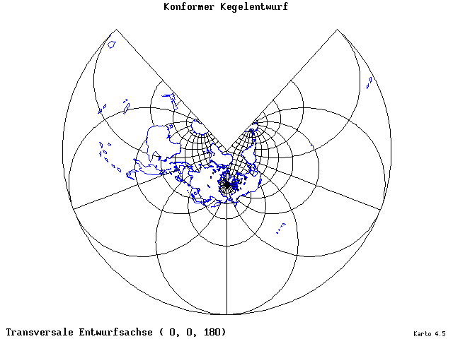 Conical Conformal Projection - 0°E, 0°N, 180° - wide