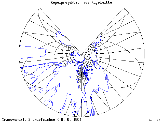 Conical Gnomonic Projection - 0°E, 0°N, 180° - wide