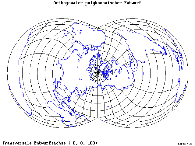 Polyconic Projection (orthogonal grid) - 0°E, 0°N, 180° - wide