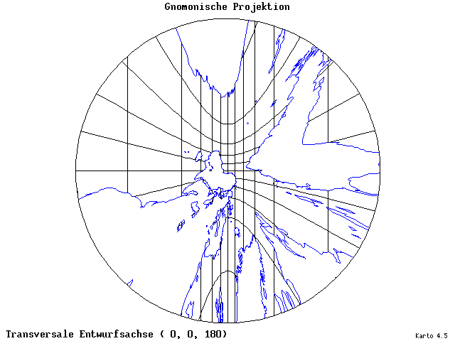 Gnomonic Projection - 0°E, 0°N, 180° - wide