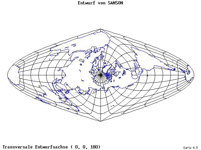 Sanson's Projection - 0°E, 0°N, 180° - wide