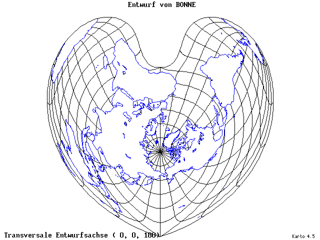 Bonne's Projection - 0°E, 0°N, 180° - wide