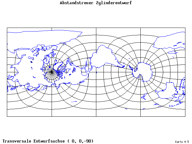 Cylindrical Equidistant Projection - 0°E, 0°N, 270° - wide