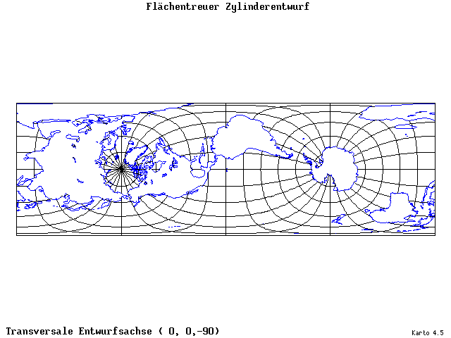 Cylindrical Equal-Area Projection - 0°E, 0°N, 270° - wide