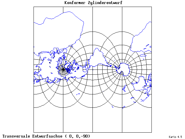 Mercator's Cylindrical Conformal Projection - 0°E, 0°N, 270° - wide