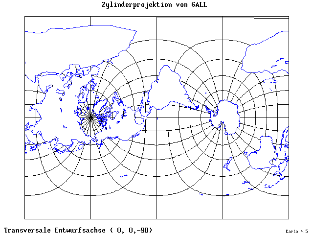 Gall's Cylindrical Projection - 0°E, 0°N, 270° - wide