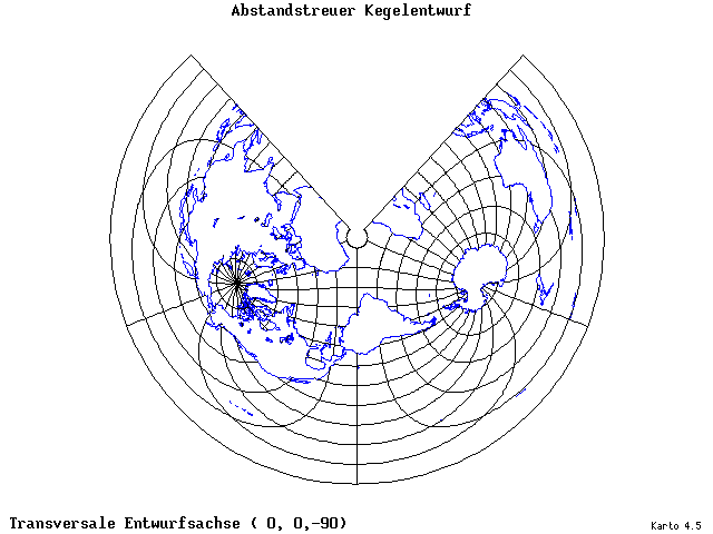 Conical Equidistant Projection - 0°E, 0°N, 270° - wide