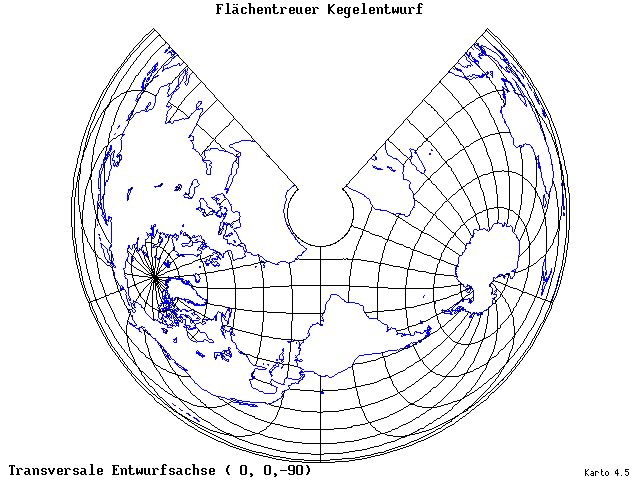 Conical Equal-Area Projection - 0°E, 0°N, 270° - wide