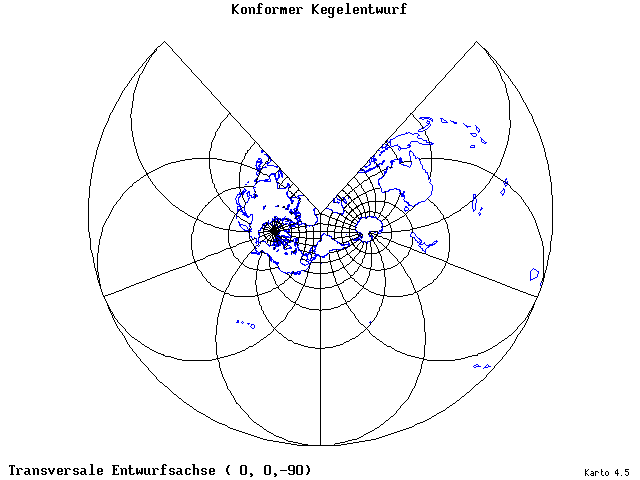 Conical Conformal Projection - 0°E, 0°N, 270° - wide