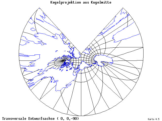 Conical Gnomonic Projection - 0°E, 0°N, 270° - wide