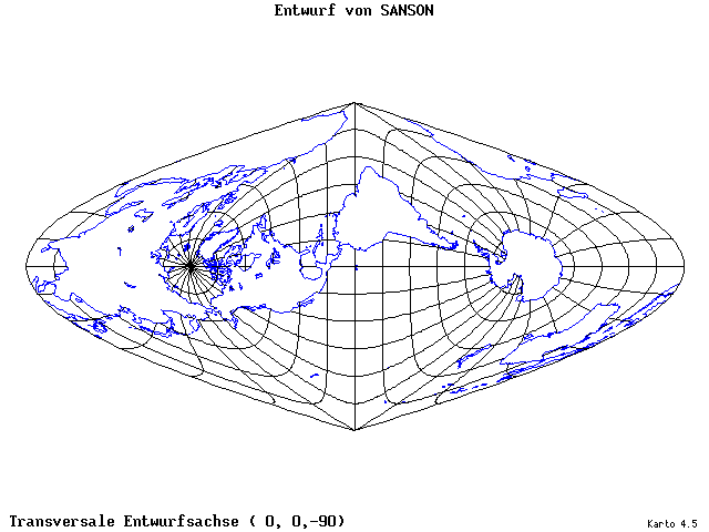 Sanson's Projection - 0°E, 0°N, 270° - wide