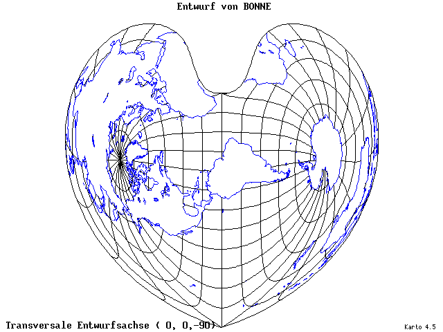 Bonne's Projection - 0°E, 0°N, 270° - wide